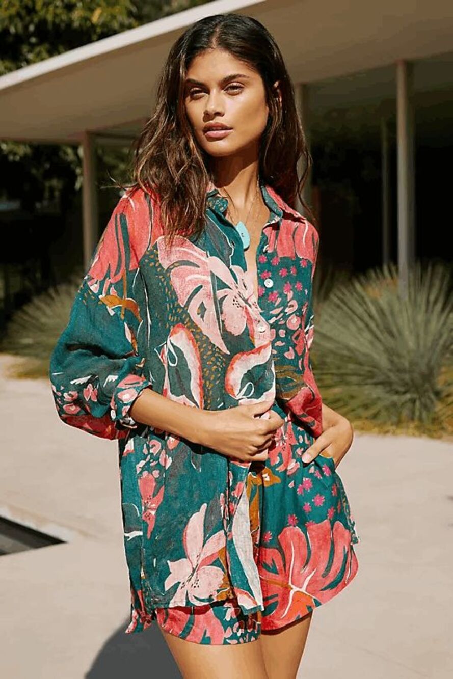 Anthropologie Vitamin A Floral Playa Linen Oversized Shirt Women's Size Small